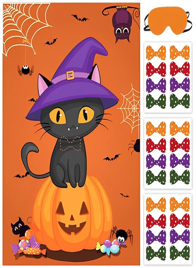 BORAMDO Pin The Bowtie on Cat Neck Halloween Party Game Cat Poster with 24 Pieces Bowtie Stickers and A Blindfold for Halloween Party Supplies Classroom Games - Image 1